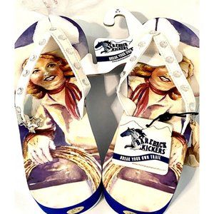 Bareback Kickers Womens Thong Sandal Flip Flops Med 6-7 Cowgirl White Studs